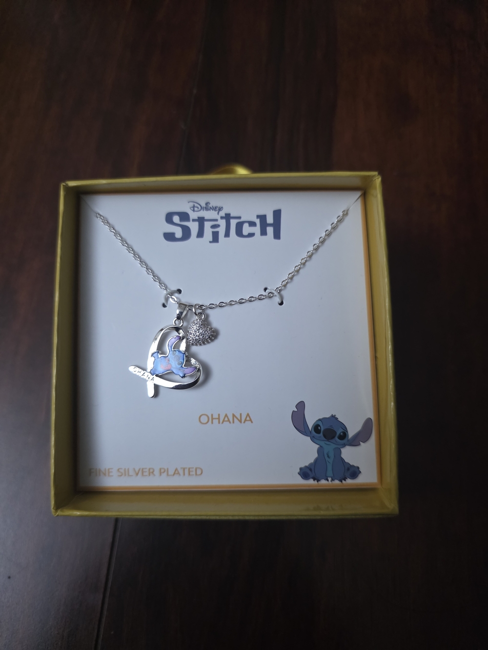 Disney Stitch Ohana Silver Necklace with Blue Opalescent Heart